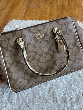 Coach Brown Signature Canvas Satchel with Snake-Print Handles and Gold Hardware
